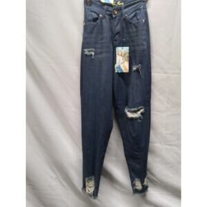 AQ Jeans. Blue Denim 5 pocket ripped frayed raw hem high rise mom jeans size 1.